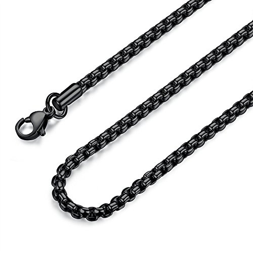 FOSIR Mens Black Rolo Chain Necklace, Stainless Steel Chain for Men and Women, Wide 4mm, 26 Inch