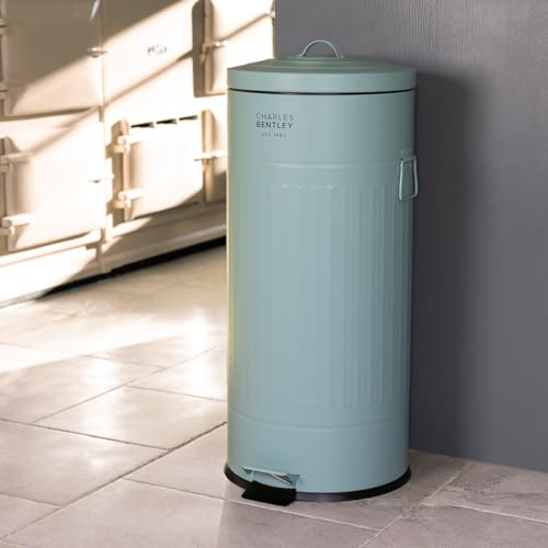 CHARLES BENTLEY Kitchen Bin, 30 Litre, Steel, Round, Retro Style, Kitchen Pedal Waste Bin, Green, Contemporary, Aesthetic, Convenient, Side and Lid Handles, Inner Bucket, Easy Emptying (68.5x29cm)