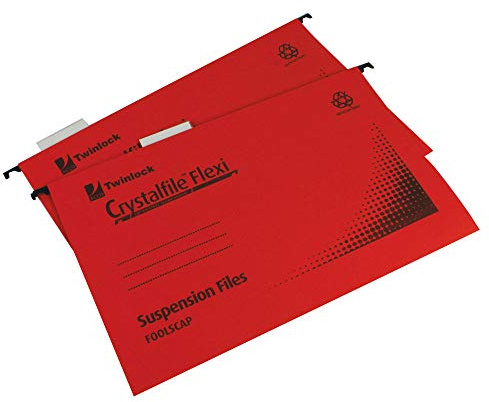 Rexel Foolscap Suspension Files with Tabs and Inserts for Filing Cabinets, 15 mm V-base, Manilla, Red, Crystalfile Flexifile, Pack of 50, 3000042