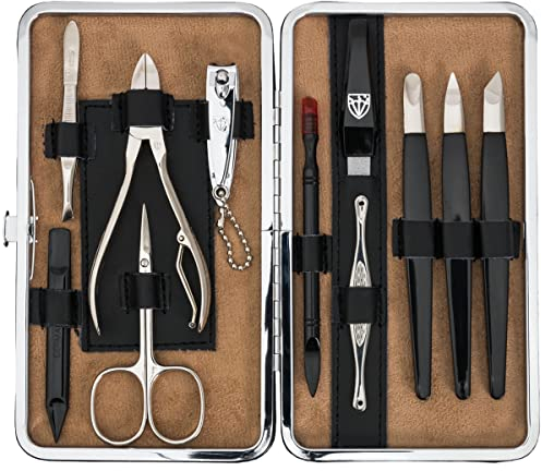 DREI SCHWERTER Germany Nagelpflegeset Nageletui 'Treviso' - 11-tlg. aus Echt Leder schwarz, edles Rahmenetui, Inhalt: Nagelzange, Hautschere, Pinzette, Saphirnagelfeile und vieles mehr!