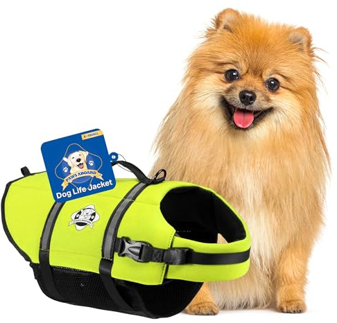 Paws Aboard Dog Life Jacket - Swimming Vest for Dogs, Adjustable, Reflective, Comfortable, Multiple Colors, Patterns, XX-Small to Extra Large Dog Swim Vest with Handle (Neon Yellow, X-Small)
