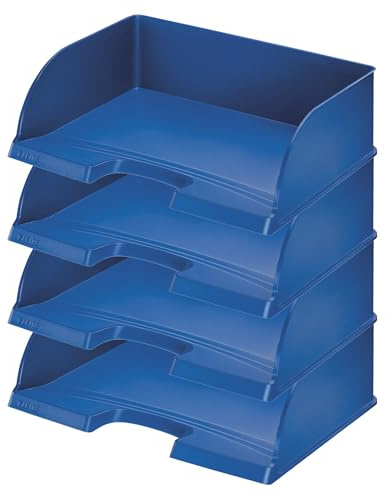 Leitz Briefkorb Querformat A4, 4er Pack, Briefablage mit extra großem Fassungsvermögen in Premium-Qualität, Stapelbare Ablagefächer als Organizer, Kombinierbar mit Plus-Serie, Blau, 52190035