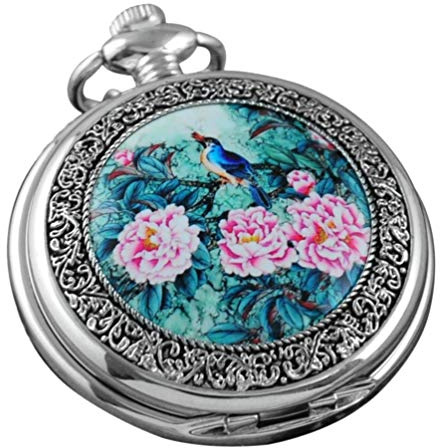 VIGOROSO Quartz Beautiful Peony Bird Enamel Painting Steampunk Silver Pocket Watches in Box