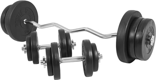 Gorilla Sports® Set Bilanciere e Manubri - 70kg, Barra Curva Ez 120cm, 2 Barre Manubrio, 30mm, 6 Chiusure a Vite/Molla, Dischi Rivestiti in Plastica - Set Bilanciere Curvo, Pesi Palestra, Piastre