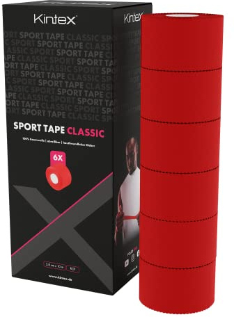 Kintex 6 rotoli di nastro sportivo, 3,8 cm x 10 m, nastro rigido non elastico, per il fissaggio e la stabilizzazione delle articolazioni, nastro per dita, nastro per bendaggi (Rosso)