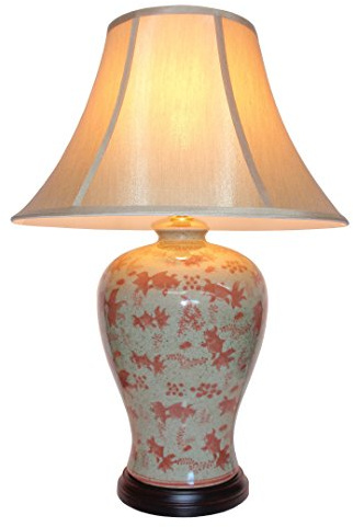 DOWNTON INTERIORS UK Large Oriental Ceramic Table Lamp with Porcelain Base and Faux Silk Shade - Pink Red Goldfish Design (M3406) - Chinese Mandarin Style