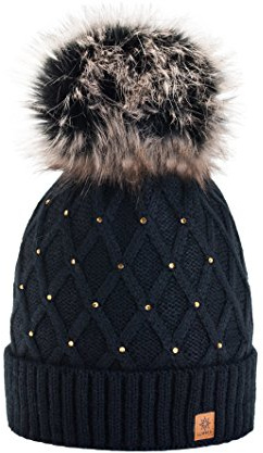Caldo Berretto Invernale da Donna Beanie con fodera in pile, strass e Pom Pom in pelliccia multicolore nero M/L