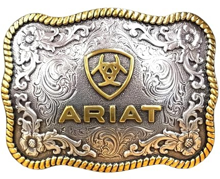 ARIAT Large Scalloped Shape Buckle with Logo, Floral and Scroll Detail, Twisted Rope Trim, 3.75x 2.75