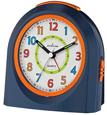 Atrium Kinder Wecker Analog Quarz ohne Ticken mit Licht und Snooze Dunkelblau Orange A921-5