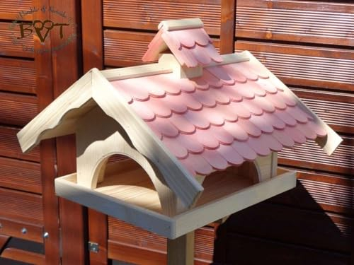 Vogelhaus mit Nistkasten BTV-VONI5-rot001 Schönes MASSIVES GANZJAHRES PREMIUM Vogelhaus + NISTKASTEN IN EINEM (VOLL FUNKTIONSFÄHIG mit Reinigungsvorrichtung), wetterfestes Vogelfutterhaus MIT FUTTERSCHACHT-Futtersilo Futterstation Farbe rot lasiert, weinrot hellrot knallrot, Ausführung Naturholz MIT TIEFEM WETTERSCHUTZ-DACH für trockenes Futter, 100% Massivholz, QUALITÄTSPRODUKT vom Schreiner