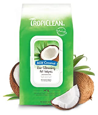 TropiClean Dog Ear Wipes, Dog Ear Cleaner, Soothing Itch Relief, Gently Removes Wax and Debris, Odor Eliminating, Safe for Daily Use, Cat Safe, 50ct.