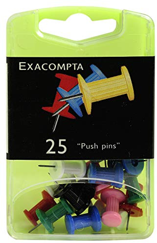 Exacompta - Ref 14740E - Push Pins (Pack of 25) - 7mm Width x 10mm Height in Size - Suitable for Pinboards or Corkboards in Offices, Homes & Businesses - 6 Assorted Colours
