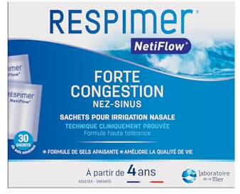 RESPIMER NetiFlow - 30 Sachets de Sels Minéraux - Lavage Nez - Complexe Breveté - Recharge Pour Kit Irrigation Nasale - Rhinites & Rhinosinusites - Dès 4 Ans - Fabriqué en France.