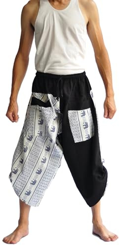 Siam Trendy Men Elephant Pants Japanese Pants Men Hakama Pants Harem Aladdin Boho Pants Mens Baggy Shorts happi Hakama Summer Pants Men's Samurai Pants One Size Black and Blue Elephant