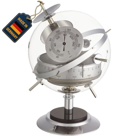 TFA Dostmann Analog väderstation Sputnik, 20.2047.54 med barometer, termometer, hygrometer, väderprognos, designföremål, dekoration, heminredning, krom