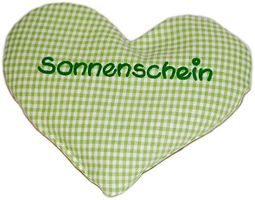 Coussin chauffant en forme de cœur avec inscription « Sonnenschein » Vert à carreaux Coussin de graines de colza dans différentes couleurs 15 cm x 17 cm Coussin pour bébé, graines, épeautre,
