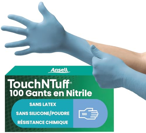 Ansell TouchNTuff 92-670 Nitril Einweghandschuhe Puderfrei, Professionelle Schutzhandschuhe für Chemie und Mechanik, Lebensmittel Einmalhandschuhe, Latexfrei, Blau, Größe S (100 Handschuhe)