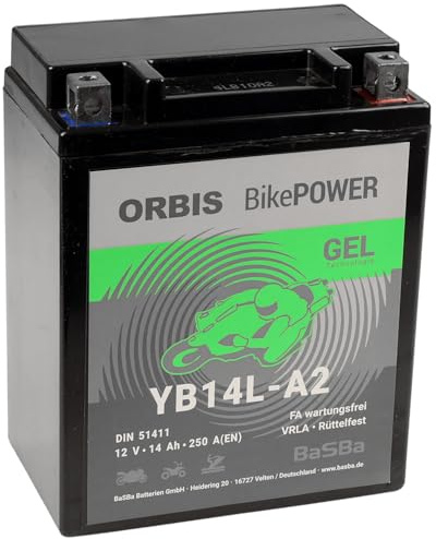 Motorradbatterie 12 V 14 Ah Gel Orbis YB14L‑A2 – auslaufsichere Gelbatterie für Bikes, Roller & ATV, wartungsfrei, robust & vorgeladen | BaSBa 2206