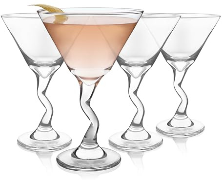 Libbey Z- Stem Martini Glasses Set of 4, Quirky, Twisted Martini Cup Set, Tall Cocktail Glasses Set for Bachelorette, Housewarming, Parties and More