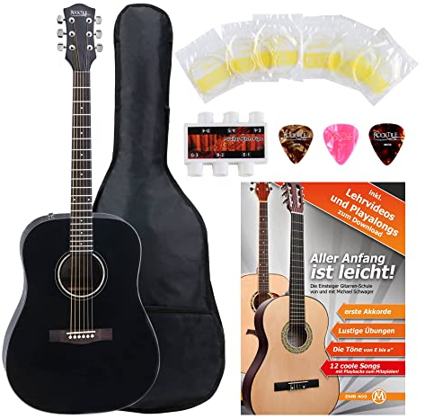 Rocktile D-60 Set de Guitarra Western - Guitarra Dreadnought - Con Funda, Cuaderno de Ejercicios, Silbato Afinador, Cuerdas y 3 Púas - Negra