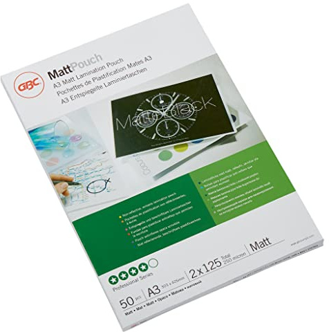 GBC lamineringsfolier A3 matt 125 mic, märkbar yta, robusta lamineringspåsar i 50-pack, glänsande, transparent, perfekt för kontor och skola, 3747521