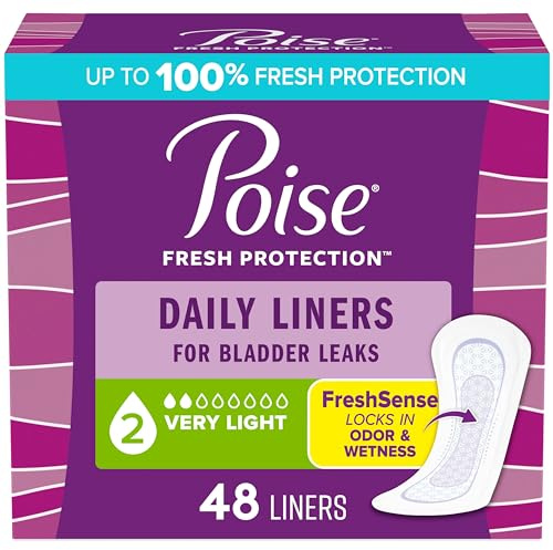 Poise Daily Liners, protectores para incontinencia para fugas de vejiga, absorción muy ligera de 2 gotas, longitud regular, 48 unidades, el embalaje puede variar