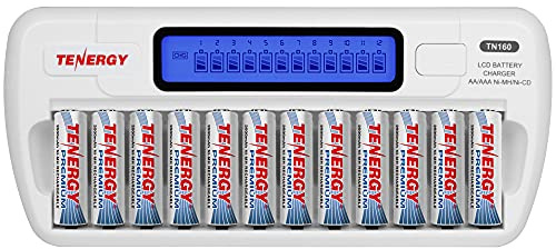 Tenergy TN160 12-Bay LCD NiMH/NiCD AAA/AA Battery Charger + 12 AA Premium NiMH Rechargeable Batteries