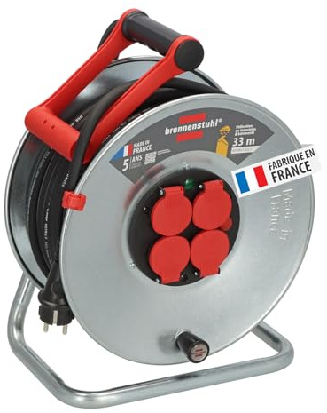 Brennenstuhl Professional Enrouleur de câble SILVER-33 / Enrouleur électrique (4 prises avec clapets, flasques en acier, voyant de tension, poignée, 33m H07RN-F, en extérieur), fabriqué en France