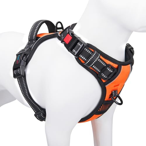 PHOEPET No Pull Dog Harnesses for Small Dogs Reflective Adjustable Front Clip Vest with Handle 2 Metal Rings 3 Buckles [Easy to Put on & Take Off] (S, Orange)