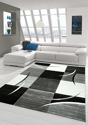 Designerteppich, moderner Teppich, Wohnzimmermatte, kurzflorig, Teppich mit Konturschnitt, Schachbrettmuster, grau, weiß, schwarz, Größe 160 x 230 cm