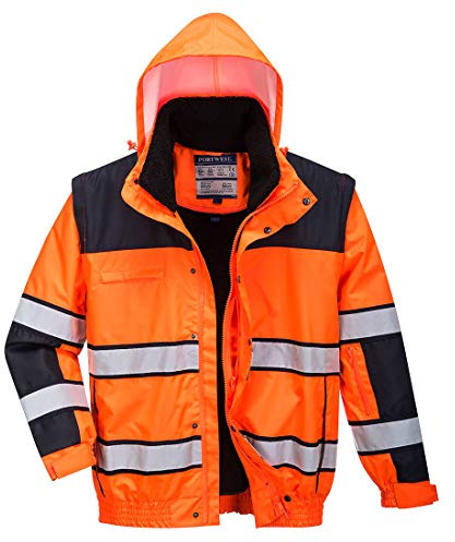 Portwest C466 Hi-Vis Klassisk Bomberjacka Smutsavvisande Vinter 300D Oxford | Orange/Svart, 3XL, EN ISO 20471 Klass 3, EN 342, Avtagbara Ärmar, Normal Passform, 8 Fickor, Med Dragkedja, Dubbel PU-Belagd