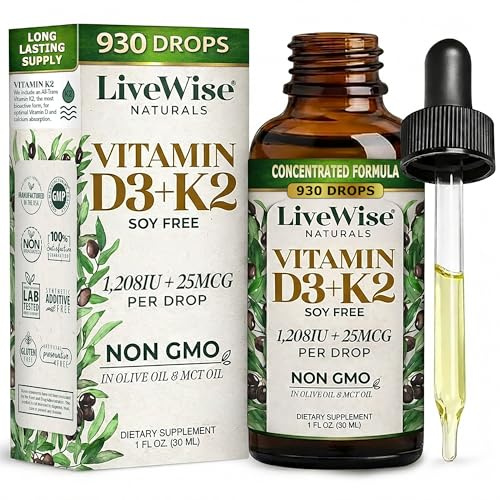 Live Wise Naturals Vitamin D3 K2 Drops for Adults - 930 Drops, Ultra Concentrated Formulation, Fast Absorption 1208 IU Vitamin D3, 25 MCG (MK-7) - Micro-Dosing Dropper for Calcium & Bone Support