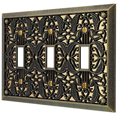 Amerelle Filigree, placca copripresa in metallo fuso in ottone anticato, per tre interruttori