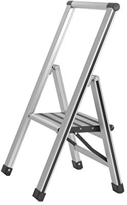 WENKO Lätt aluminiumstege med 1 steg för 25 cm högre stativ, halkfria XXL-steg, design hopfällbar stegstege, TÜV Süd-certifierad, 44 x 74 x 5,5 cm, matt silver