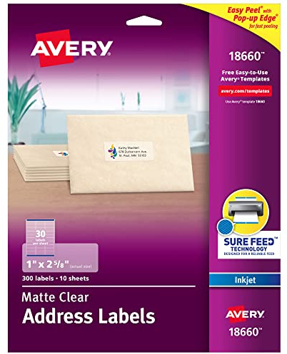 Avery Printable Address Labels with Sure Feed, 1 x 2-5/8, Matte Clear, 300 Blank Mailing Labels (18660)