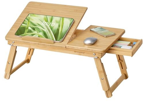 SONGMICS Bed Laptop Desk, Folding Bed Tray for Laptop up to 15.6 Inches, Adjustable Angle and Height, Portable for Working Reading Writing Breakfast, Bamboo, Drawer, Light Bamboo ULLD01N