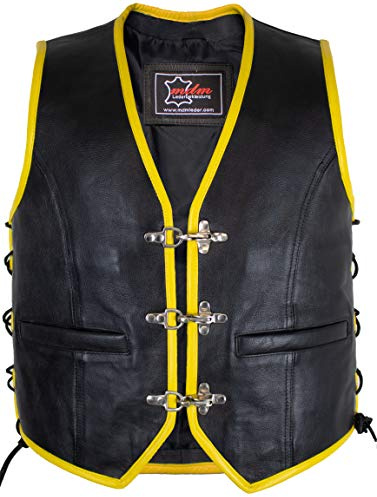MDM Chaleco Chaqueta Hombre de Cuero Biker Negro/Amarillo (L)