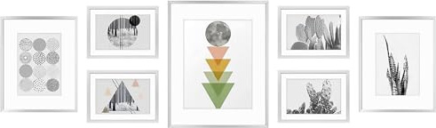 Golden State Art, Aluminum Gallery Wall Frame Set of 7 - Includes One 11x14, Two 8x10, and Four 5x7 - Metal Frames with Mat & Real Glass Cover for Elegant Home or Office Decor (Style 2, Silver)