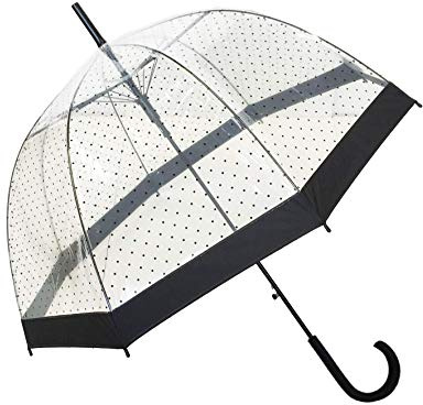 SMARTBULLE Langer Regenschirm Transparent - Glockenform; Stabil; Automatisch öffnend; Durchmesser=85cm; Damen Regenschirm; Muster SCHWARZE PUNKTE.