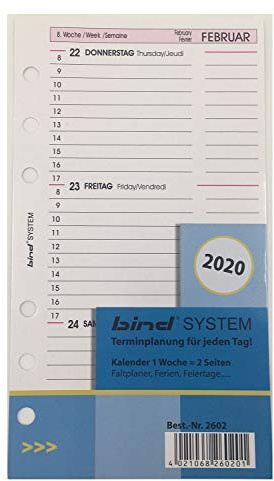 BIND B260220 – Inserto per calendario A6 – Anno 2020, 1 settimana/2 pagine, calendario con sistema