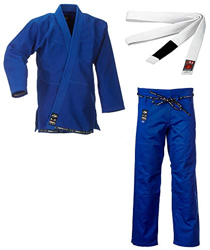 Ju-Sports BJJ Starter Gi Fortaleza Blau + BJJ Gürtel Weiß A3 I Leichter & solider Brazilian Jujutsu Anzug für Einsteiger I BJJ Gi Herren I 100% Baumwolle