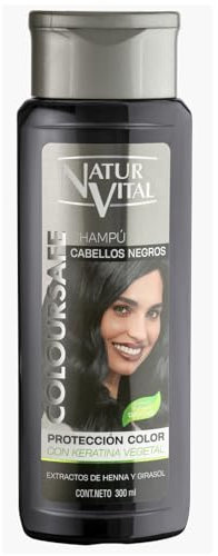 NaturVital - Champú ColourSafe Cabellos Negros, Sin Parabenos ni Siliconas, Champú Colorante para Pelo Teñido o Natural, con Keratina Vegetal, Aporta Brillo y Color, 300 ml