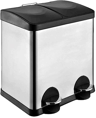 Amig - Doppelter Abfalleimer Recycling Mod. RECIK2 | Mit 2 Fächern und Öffnung mit Pedal | 48 x 32 x 40 cm | Fassungsvermögen 15 l pro Behälter | Hermetischer Deckel | Edelstahl versilbert