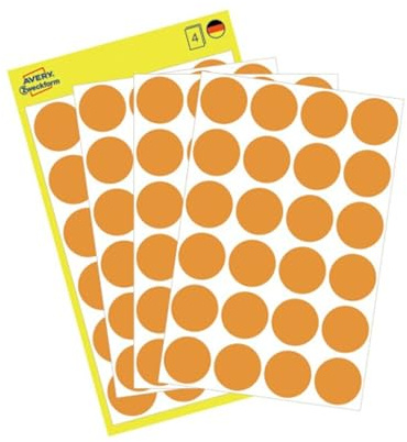 AVERY Zweckform 3173 selbstklebende Markierungspunkte (Ø 18 mm, 96 Klebepunkte auf 4 Bogen, runde Aufkleber für Kalender, Planer und zum Basteln, Papier, matt) neonorange, 5 Stück