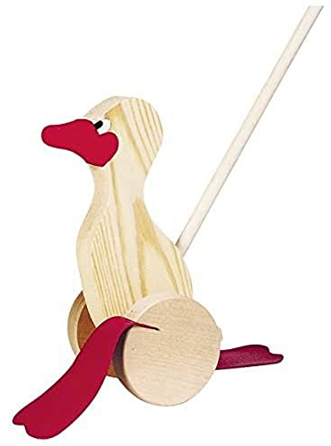 goki WP004 Schiebetier Ente, 21 x 10,8 x 65 cm, Holz, ab 12 Monaten, mit Schiebestab, bewegliche Watschelfüße, Lauflernspielzeug für drinnen & draußen