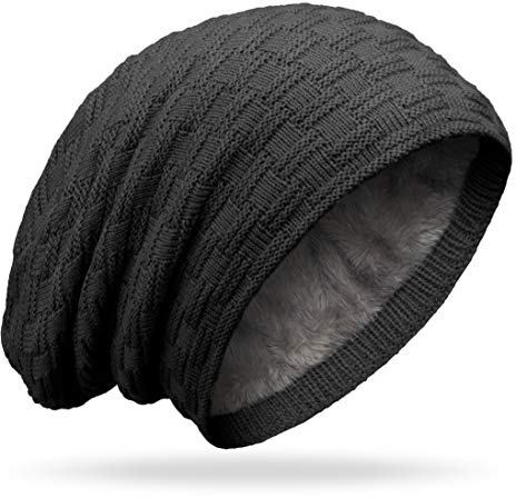 Grin&Bear M10 Bonnet long type beanie à gros tricot et polaire éponge - Noir - Taille Unique