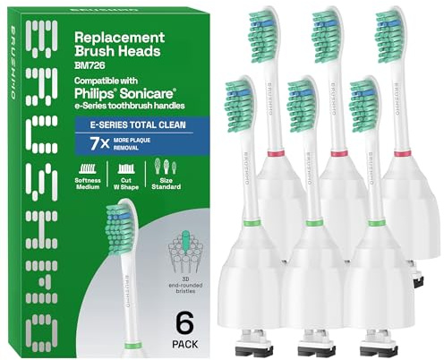 Brushmo e-Series Total Clean Replacement Toothbrush Heads, Compatible with Philips Sonicare Screw-on Electric Toothbrush Handles, 6 Standard Heads, Medium Firm Dupont Bristles, BM726, White