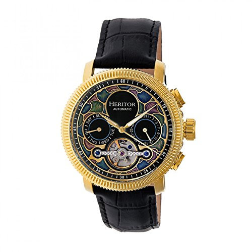 Heritor Aura Automatikuhr für Herren – 44 mm Skelettuhr für Herren mit Juwelen-Automatikwerk, Gehäuse aus 316L, Saphirbeschichtetes Mineralglas, Lederarmband (HERHR3502) – Gold/Schwarz