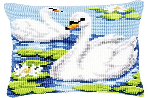 VERVACO Kreuzstich Stickpackungen Kissen Stickerei Set Anfänger Vorgedruckt Schwäne DIY Set Kreativ Set Für Erwachsene Dekoratives Kissen ca. 40 x 40 cm Bastelset Handwerker Haus Dekoration
