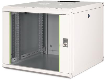 DIGITUS nätverksskåp – 19-tums rack – 9U – 600 mm x 600 mm (BxD) – nyttodjup 450 mm – väggmontering – bärkraft 100 kg – säkerhetsglasdörr – skyddsklass IP20 – Unique-serien – grå | Nyttodjup 450 mm – väggmontering – lastkapacitet 100 kg – säkerhetsglasdörr – skyddsklass IP20